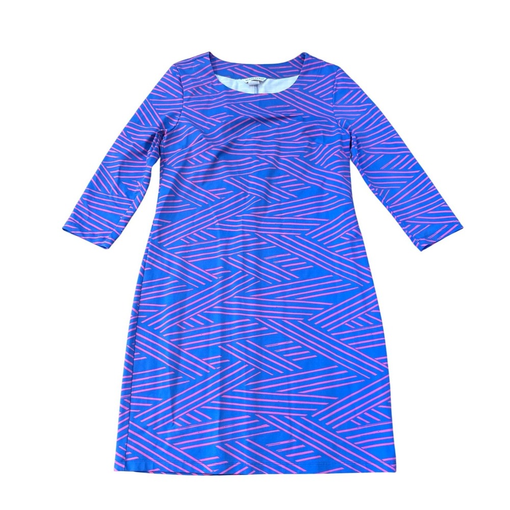 Mahi Gold Shift Dress Women Blue Pink Geometric 3/4 Sleeve SIZE S